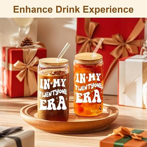 NOOMII 21st Birthday Gifts for Girls – Cute 16Oz Glass Cups with Lids and Straws, Aesthetic Tumblers for Teens, Friend Bestie-21st Birthday Gift for Her thumbnail 5