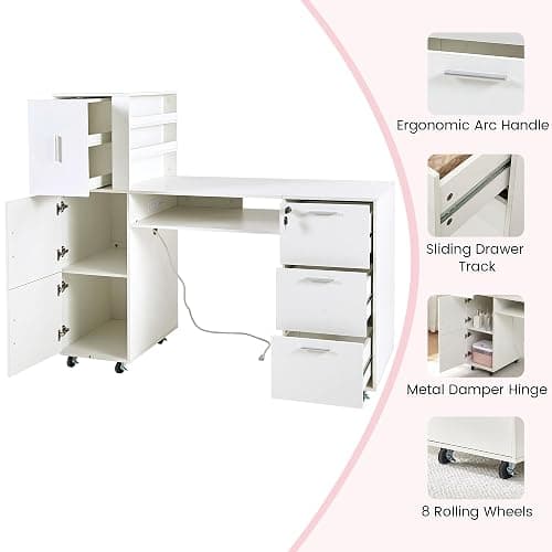 DUDUSHIMAN Manicure Table Nail Desk for Nail tech, 56 Inch Beauty Nail Table w/3 Cabinet+3 Drawers+3 Layers Open Cabinet+1 Open Drawer + 1 Power Outlet for Professional Salon Manicure Workstation thumbnail 4