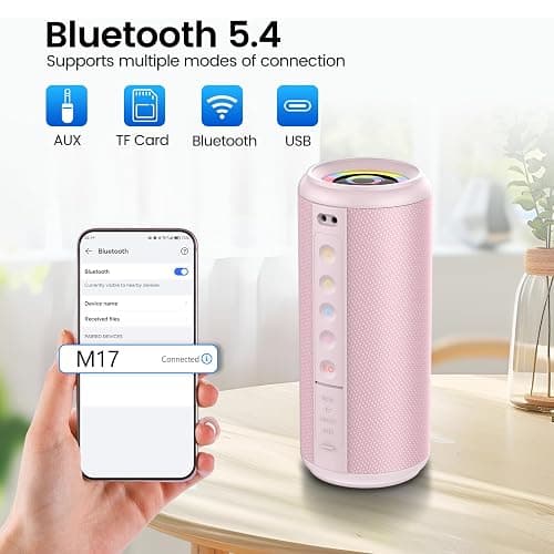 Portable Bluetooth Speaker, 2026 Bluetooth 5.4 Wireless Speaker with 20W HD Loud Stereo Sound, 20H Playtime, LED Lights, IP7, TWS Pairing, Built-in Mic, for Outdoor, Home, Beach, Party, Gift, Pink thumbnail 4