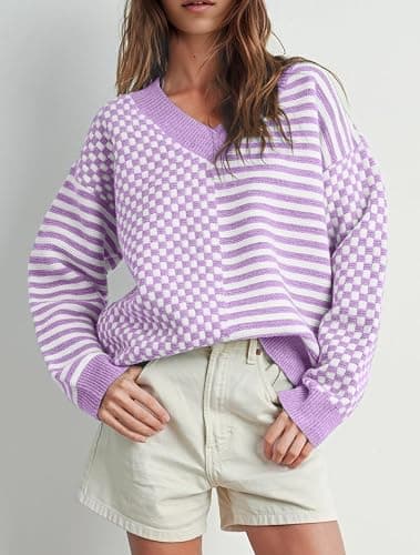 UNCLECAT Women's Striped Checkered Sweater 2025 V Neck Fall Sweaters Casual Knit Trendy Pullover Tops thumbnail 3