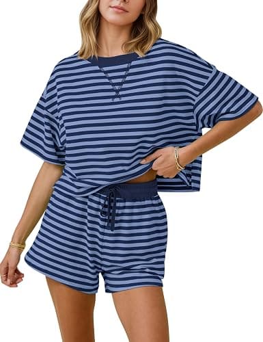 MISSACTIVER Womens Lounge 2 Piece Sets Summer Striped Matching Pajamas Set Short Sleeve Oversized T Shirts Drawstring Shorts - Image 1