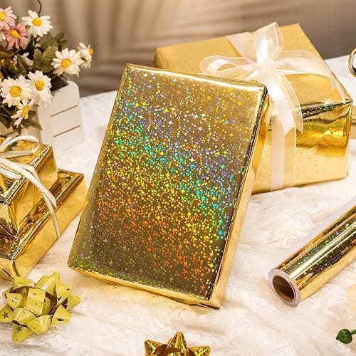 Yarcony Gold Wrapping Paper Roll, Holographic Space Wrapping Paper - 17 Inch x 33 Feet - Shiny Iridescent Galaxy Design Thick Gold Gift Wrap Paper for Birthday, Wedding, Christmas,Baby Shower thumbnail 7