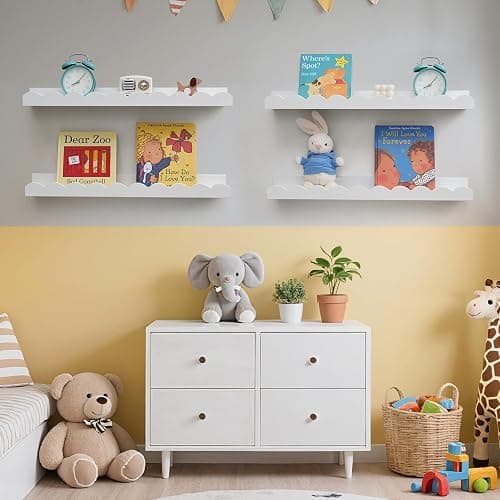 Gieanoo Floating Bookshelf, White Scalloped Nursery Book Shelf 40CM 2PCS | Pine Wood,Toddler Room Decor Wall Mounted Bookshelves for Bedroom Kids, Toddler Room, Baby Room thumbnail 2