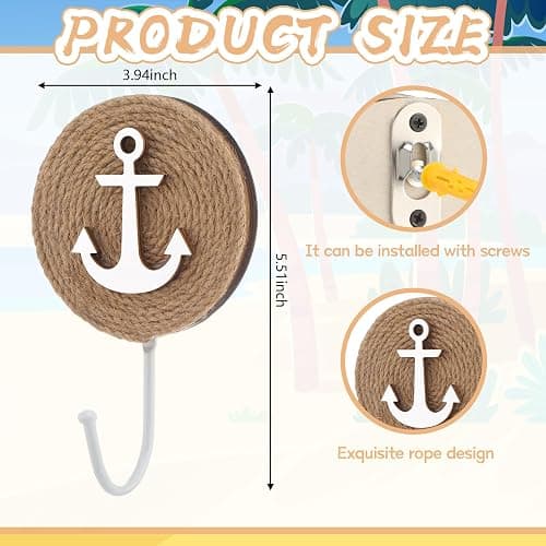 AceOrbit 4 Pcs Home Beach-Themed Towel Hooks Wall Hooks Beach Towel Hook Decorative Wall Hanging for Clothes Towels Hats Bag(Nautical) thumbnail 2
