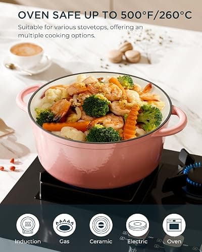 Enameled Cast Iron Dutch Oven - 6QT Dutch Oven Pot with Lid & Cotton Potholders - Heavy-Duty Non Stick Casserole Pot for Braising, Stews, Roasting, Baking, Suitable for All Stovetops, Gentle Pink thumbnail 6