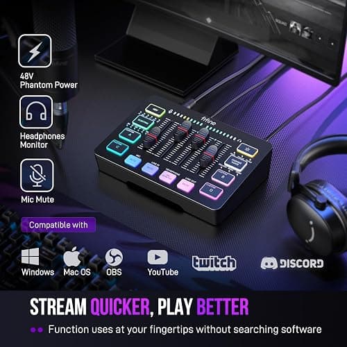 FIFINE Gaming Audio Mixer, Streaming RGB PC Mixer with XLR Microphone Interface, Individual Control, Volume Fader, Mute Button, 48V Phantom Power, for Podcast/Recording/Vocal/Game Voice-AmpliGame SC3 thumbnail 7