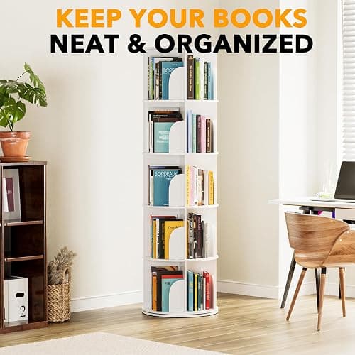 SpaceAid 5 Tier Rotating Bookshelf Tower, Spinning Bookcase Lazy Susan, Revolving 360 Book Shelf Storage Round Carousel, Vertical Rotate Turning Spiral Corner Organizer, White thumbnail 6