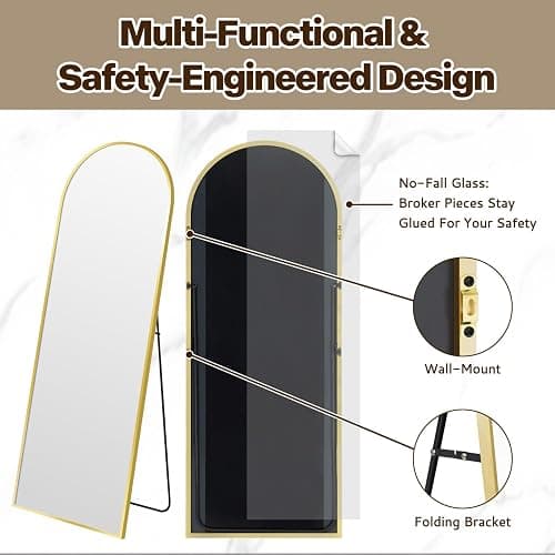 55x20" Arched Full Length Mirror with Stand, Gold Long Floor Mirrors, Full Body Dressing Mirror Over The Door, Tempered Glass Safety Wall Mirror for Bedroom, Living Room, Bathroom, Entryway Decor thumbnail 6