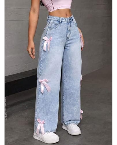 Chmnigma Baggy Jeans for Woman Teen Girls Bow Jeans High Waisted Straight Leg Cute Pants Casual Preppy Clothes thumbnail 3