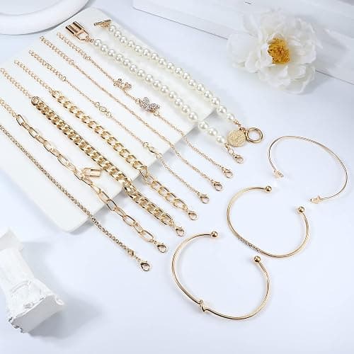 JeryWe 46 Stück Schmucksets für Damen mit 3 PCS Halskette 12 Stück Armbänder 9 Stk. Achsschenkel Ringe 10PCS Ear Cuff Ohrklemme Ohrringe und 12 Stk Vergoldete Ohrringe Schmuck-accessoires thumbnail 6