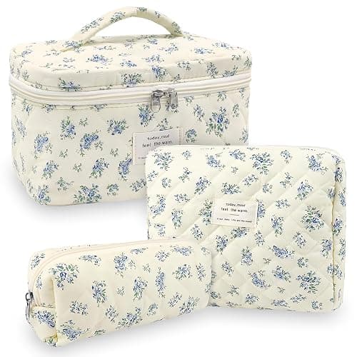 Aucuu 3PCS Set Kosmetiktasche, Reise Kosmetiktasche Set Damen, Kulturtasche Damen mit Blumenmuster, Gesteppte Kulturtasche, Kulturbeutel Make Up Tasche, Tragbare Schminktasche für Mädchen Frauen thumbnail 8