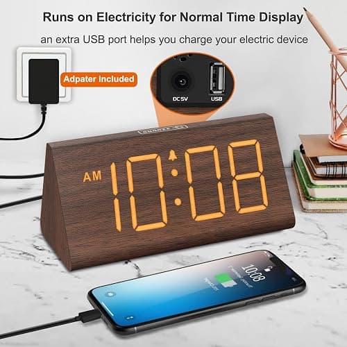 DreamSky Wooden Digital Alarm Clocks for Bedrooms - Electric Desk Clock with Large Numbers, USB Port, Loud Alarm for Heavy Sleepers, Adjustable Volume, Dimmer, Snooze, DST, Wood Décor, Adapter Powered thumbnail 6