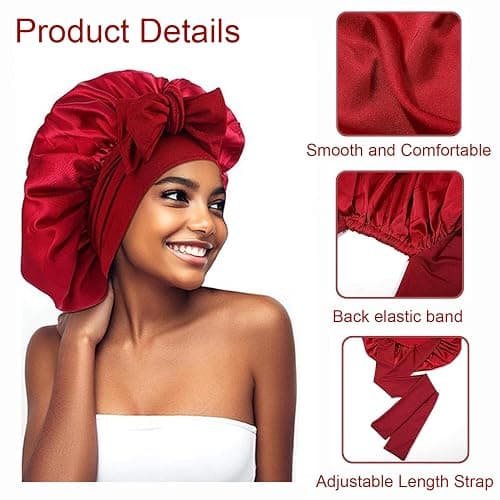 iLamvie Silk Curly Hair Cap, Silk Bonnet, with Adjustable Ribbons, Elastic Satin Night Hat for Sleeping, Women's Satin Night Hat for Women Girls (Red) thumbnail 3
