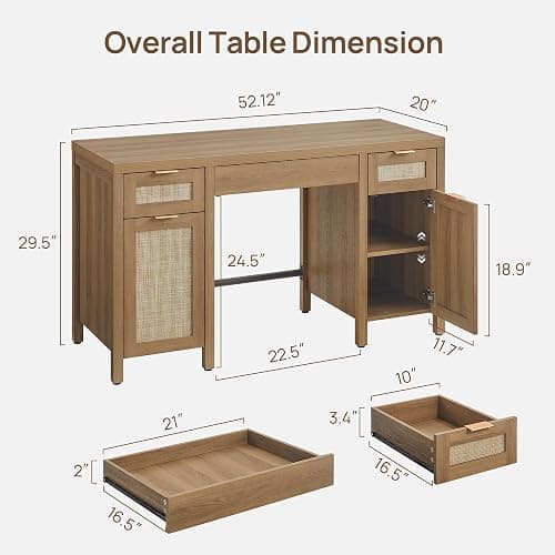 SICOTAS 52" Rattan Home Office Desk with 3 Drawers: Boho Executive Desk with 2 Storage Cabinets, Large Computer Writing Table for Study, Office, Living Room thumbnail 2
