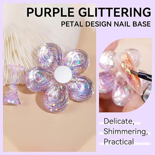 Makartt Nail Stand: Nail Holder for Painting Nails DIY, Magnetic Press on Stand Pink and Purple for Art Display Practice, Purple Glitter Flower Fake Holder for Home Salon with Reusable Adhesive Putty thumbnail 5