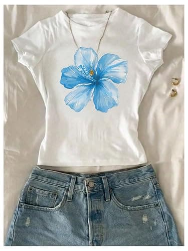 RoseSeek Girl's 3 Packs Graphic Tees Vacation Hibiscus Top Crewneck Short Sleeve Cute Summer T Shirt thumbnail 2