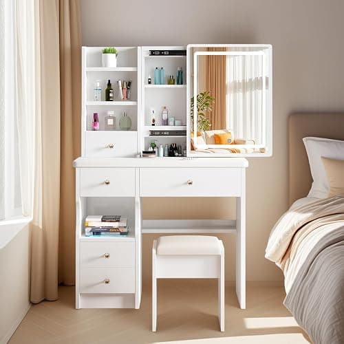 Vanity Desk Makeup Vanity Desk with Sliding Mirror and Lights, Makeup Vanity Set with Drawers, Stool and Open Shelves, 3 Color Lighting Modes Brightness Adjustable Dressing Table for Bedroom (Model 2) - Image 1