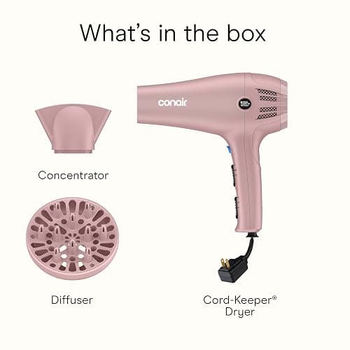 Conair Hair Dryer with Retractable Cord, 1875W Blow Dryer, 3 Heat Settings, 2 Speeds, Blow Dryer with Diffuser and Concentrator Attachments, Ionic + Tourmaline Technology, Matte Light Pink thumbnail 8