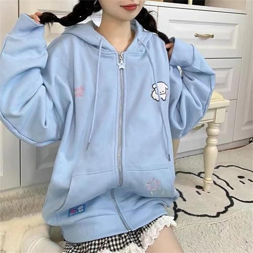 Manniduole Women Kawaii Oversized Zip Up Hoodie Cute Cartoon Embroidery Casual Pullover Sweatshirt Harajuku Casual Streetwear thumbnail 5