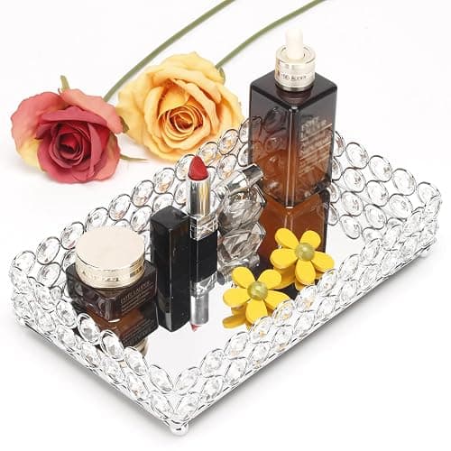 Elegant Silver Crystal Mirror Perfume Tray for Vanity, Coffee Table, and Home Decor - Small Glass Tray for Jewelry, Perfume, and Decorative Items - Bandeja para Perfumes, Perfume Trays for Dresser - Image 1