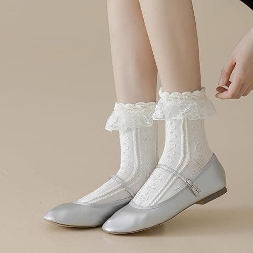 BIVOLU Womens Crew Socks Lace Ruffle Frilly Cotton Cute Princess Ankle Dress Socks for Girl 5 Pack thumbnail 2