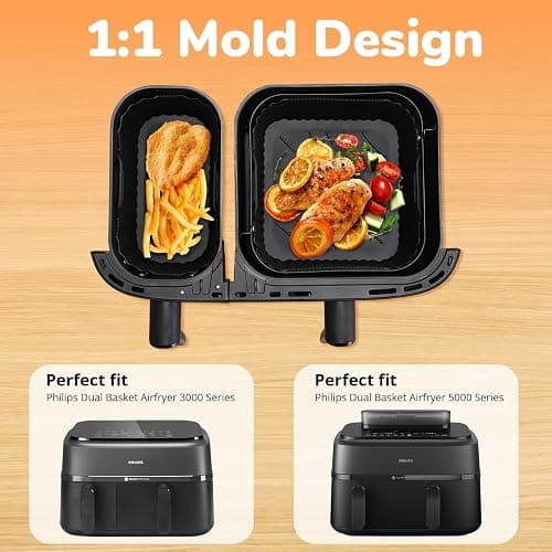 ENSINE Air Fryer Accessories for Philips Dual Basket Air Fryer 3000 Series,Compatible with Philips 5000 Series, Included Silicone Liners,Racks, Muffin Cups,loaf Tins,Food Tongs, Paper Liners,Gloves. thumbnail 2
