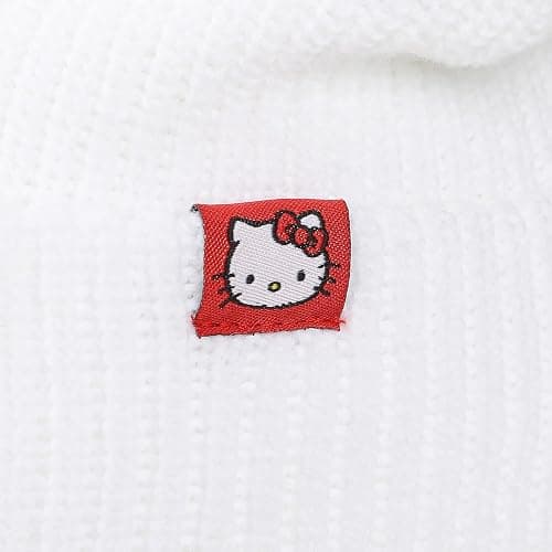 Hello Kitty Novelty Ear White Acrylic Beanie with Cut Fabric Bow with Embroidery and Red Woven Label Cuff Beanie thumbnail 4