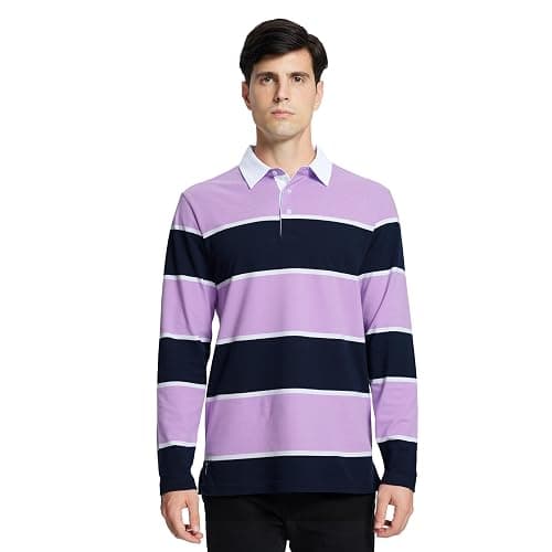 Men's Polo Shirts Long Sleeve Striped Dry Fit Casual Collared Pique Golf Polo Shirts for Mens thumbnail 2