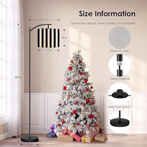LOPYEIJFG Modern Arc Floor Lamp with Dimmer Mid Century Striped Black White Metal Standing Lamp with Linen Shade Footswitch for Living Room Bedroom Office thumbnail 5