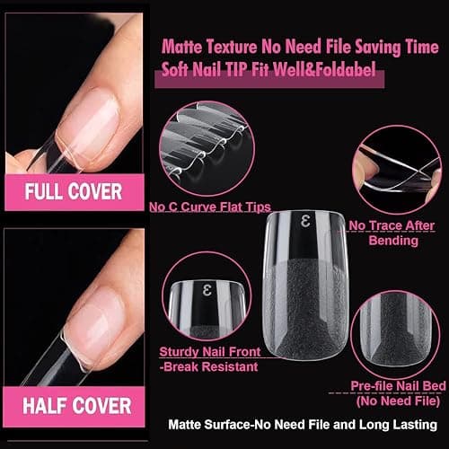 UNA GELLA Nail Tips Short Square, Pre-buff Matte Gel Nails Tips Short Square Nail Tips 120pcs Clear Full Cover False Fake Nails for Nail Extensions DIY Home Salon 12 Sizes for Women thumbnail 3