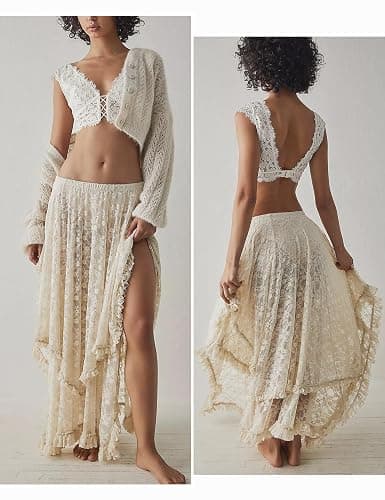 Yimoon Women's Floral Lace Long Skirts Elastic Asymmetrical Layered See-Through Maxi Skirts Sexy Sheer Flowy Beach Skirt thumbnail 2