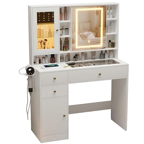 Wodeer Makeup Vanity Desk with Mirror and Lights, White Vanity with Glass Top, Jewelry Storage, Power Outlets, 3 Drawers & 2 Cabinets, Adjustable LED Lighting, Dressing Table for Women & Girls Bedroom thumbnail 8