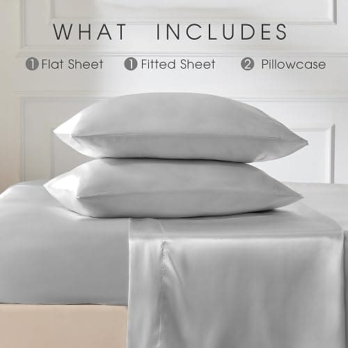 FreshCulture Satin Sheets Queen Size Bed Set- 4 Piece Luxury Soft Silky Queen Sheet Set, Similar to Silk Bed Sheets with 1 Deep Pocket Fitted Sheet, 1 Flat Sheet & 2 Pillowcases (Silver Grey) thumbnail 3