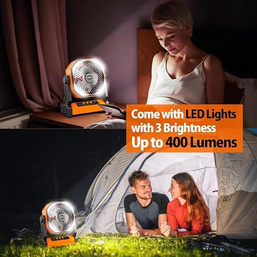 20000mAh Camping Fan, Rechargeable Battery Operated with 360° Rotatable Hook, 400 Lumes Light, 270° Pivot, 4 Speeds, 58Hrs Battery Powered Fan for Outdoor Tent Car Trip BBQ Hurricane Power Outages thumbnail 3