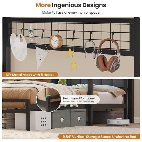 DICTAC Twin Over Twin Bunk Bed with 8 Storage Drawers and Led Lights Metal Bunk Beds with Storage Headboard and Charging Station,L-Shaped bunk Bed for Kids/Teen with Safety Guardrail and Ladder,Black thumbnail 7