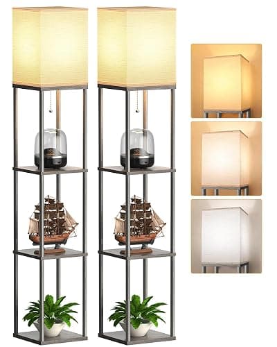 Floor Lamp with Shelves for Living Room 2 Pack Oak Gray, Shelf Floor Lamp with 3 CCT LED Bulb, Corner Display Standing Column Lamp Etagere Organizer Tower Nightstand with White Linen Shade for Bedroom - Image 1