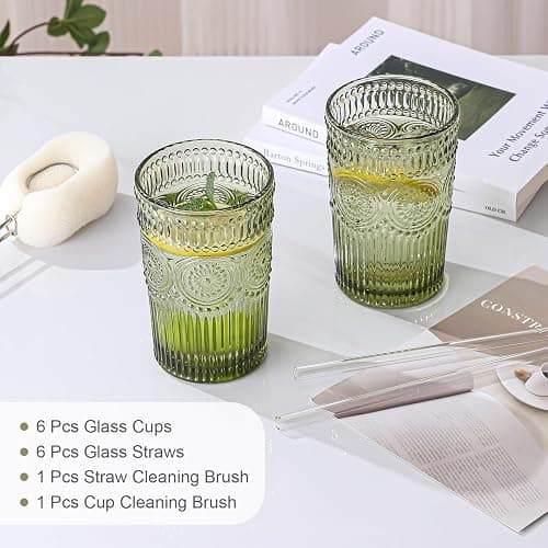ZMOWIPDL Vintage Glassware Drinking Glasses Set of 6,13 oz Green Textured Flower Design Glass Water Tumblers，Embossed Striped Drinkware for Water,Cocktails,Juice,Iced Coffee thumbnail 5