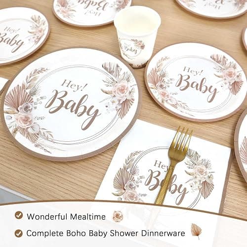 Heboland Babyparty Deko Partygeschirr Set, 125 Stück Neutral Hey Baby Party Decoration Teller Becher Servietten für Baby Shower Deko thumbnail 5