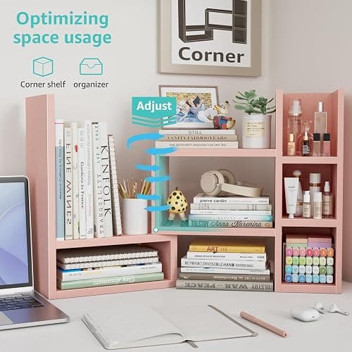 NUTIKAS Desk Shelves Desktop Orgnizer Shlef - Pink Office Organization for Top of Desk Organizers and Accessories Corner Bookshelf Table Top Shelving Small Hutch Decorations for Office thumbnail 6