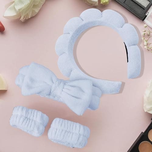 4 Stück Haarband Kosmetik,Spa Stirnband Make Up Schwamm Set Damen, Hautpflege Stirnband Waschen Gesicht Wristband Set Für Frauen Schönheit Mädchen Yoga Sport Dusche Make-up-Entfernung (Blau, 4 Stück) thumbnail 7