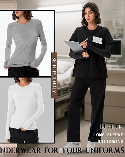 Neer 3 Pack Womens Underscrub Shirts Long Sleeve Crewneck Tops Fitted Layering Clothes Comfort Knit Tops for Nurse thumbnail 4