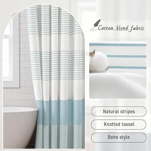 XOGUIBO Aqua Blue Shower Curtain Cotton Coastal Ocean Striped Shower Curtains for Bathroom with Tassel 72 X 72 thumbnail 2