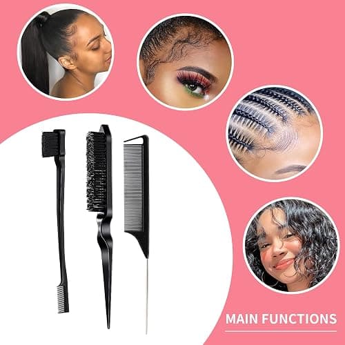3 Pieces Hair Styling Comb Set Teasing Brush Rat Tail Comb Edge Brush for Edge&Back Brushing, Combing, Slicking Hair for Women (Black) thumbnail 9