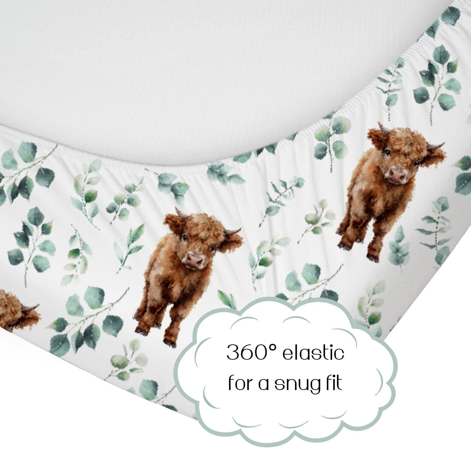 HawSkgFub Highland Cow Eucalyptus Leaf Fitted Standard Crib Sheet for Baby Boy Girl, Neutral Western Farm Animal Yak Toddler Mattress Cover, Soft Stretchy Nursery Bed Sheets Decor Kids Gift 52" x 28" thumbnail 2