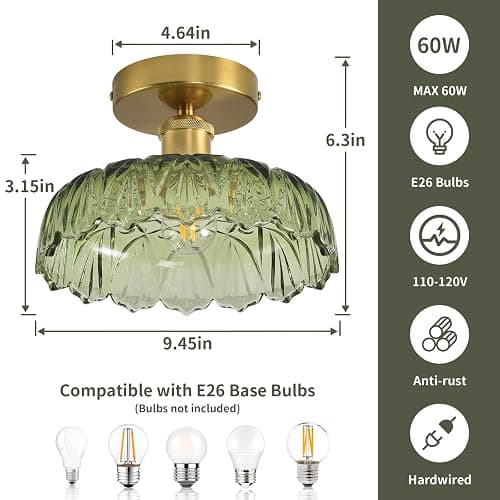 Povectolay Semi Flush Mount Ceiling Light Mid Century Modern Floral Green Glass Shade, Close to Ceiling Lighting Fixtures for Bedroom, Bathroom, Kitchen, Closet Laundry Room, Foyer and Hallway 1-Pack thumbnail 3