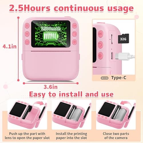 Instant Print Camera for Kids, Christmas Birthday Gifts for Girls Boys, 1080P Instant Digital Print Cameras for Toddler,Portable Toy for 4 5 6 7 8 9 10 Year Old Girl with 32GB SD Card，Pink thumbnail 6
