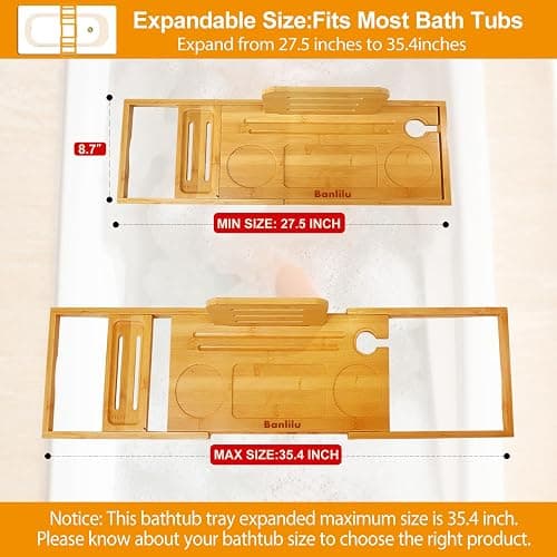 Premium Bamboo Bathtub Tray Caddy - Bath Tub Tray Table for Bathtub - Bath Caddy Tray for Bathtub, Expandable Size, Fits Most Bath Tubs thumbnail 3