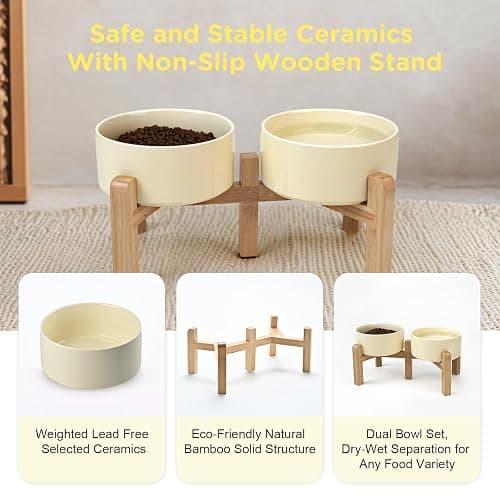 SPUNKYJUNKY Elevated Dog Bowls Ceramic, 6.1'' Dogs and Cat Food Water Bowls Raised with Non-Slip Bamboo Stand for Medium Sized Breed Microwave Dishwasher Safe - 28.7 OZ,Beige thumbnail 6