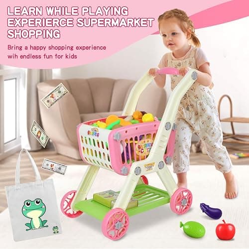 Ming You 2-in-1 Kids Shopping Cart Toy with Pretend Play Foods for Kids | 72pcs Toddler Grocery Cart Set with Fake Money and Shopping Bag for Imaginative Play, Birthday Gift for Girl Ages 3-5 (Pink) thumbnail 7