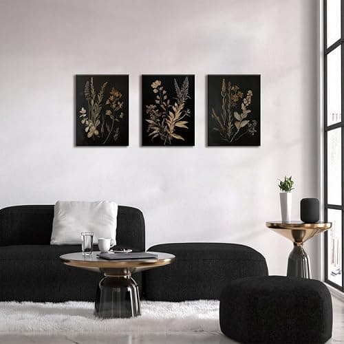 TUEASKY 3 Piece Moody Botanical Canvas Wall Art Vintage Floral Wall Art Boho Dark Flower Decor Black Wildflower Art Prints for Living Room Bedroom 12x16in Framed thumbnail 2